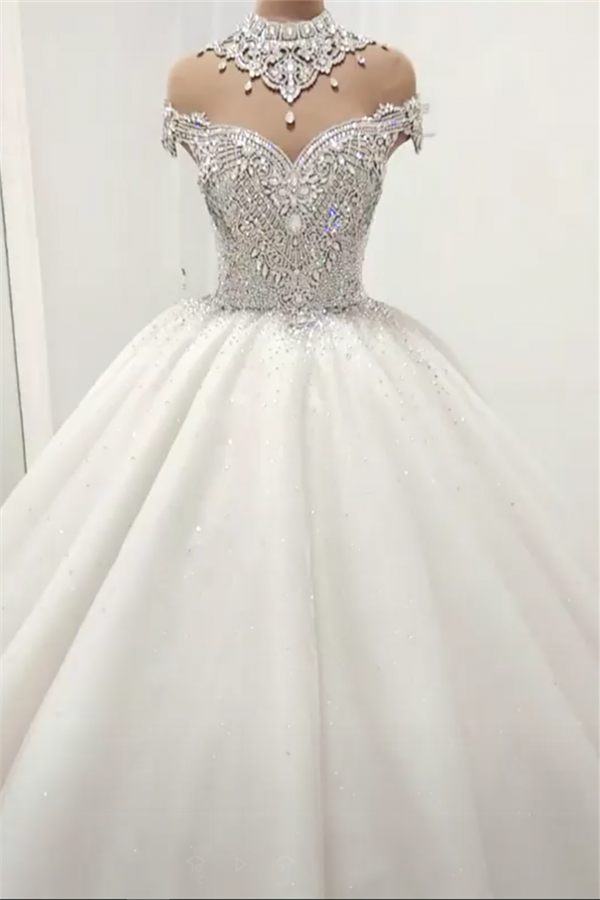Luxurious High Neck Crystal Beading Ball Gown Wedding Dresses-showprettydress