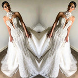 Luxurious High Neck Mermaid Sleeveless Wedding DressNew Arrival Lace Appliques Overskirt Bridal Gown-showprettydress