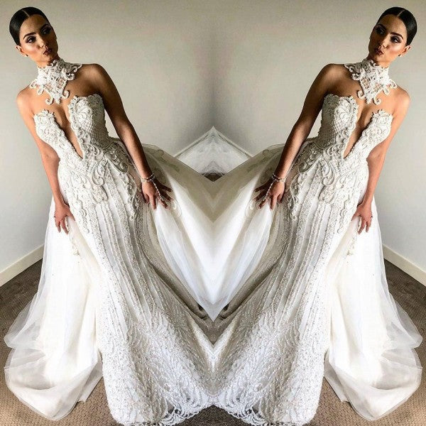 Luxurious High Neck Mermaid Sleeveless Wedding DressNew Arrival Lace Appliques Overskirt Bridal Gown-showprettydress