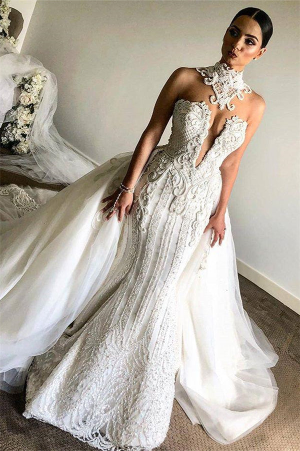 Luxurious High Neck Mermaid Sleeveless Wedding DressNew Arrival Lace Appliques Overskirt Bridal Gown-showprettydress