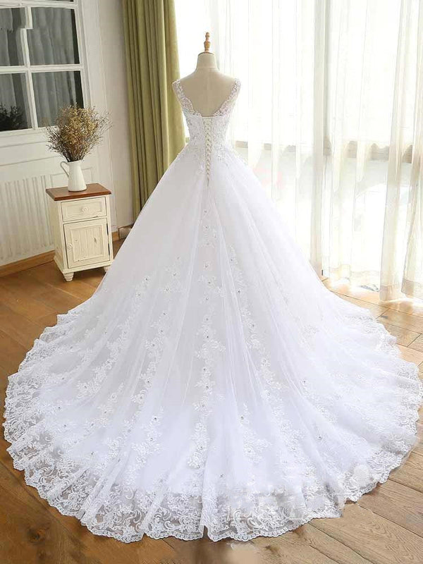 Luxurious Lace Beaded Wedding Dresses New Arrival V Neck Straps Long Ball Gown Wedding Party Bridal Dress-showprettydress