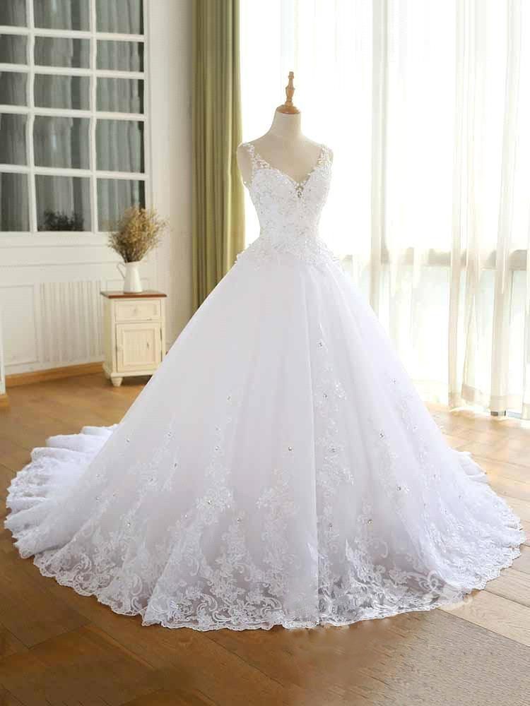 Luxurious Lace Beaded Wedding Dresses New Arrival V Neck Straps Long Ball Gown Wedding Party Bridal Dress-showprettydress
