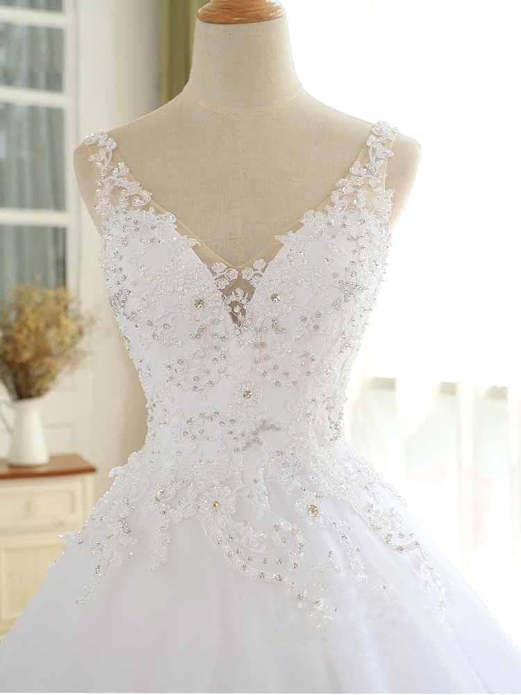 Luxurious Lace Beaded Wedding Dresses New Arrival V Neck Straps Long Ball Gown Wedding Party Bridal Dress-showprettydress