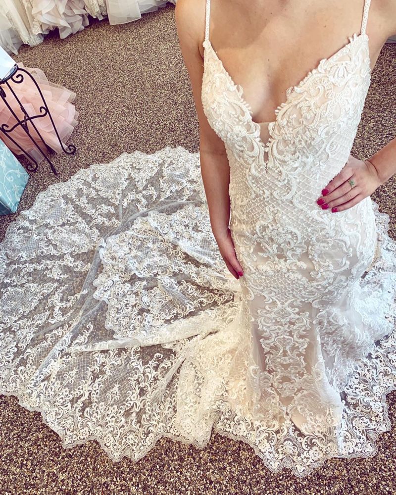 Luxurious Lace Beading Chapel Train Champagne Wedding Dress Spaghetti Straps-showprettydress