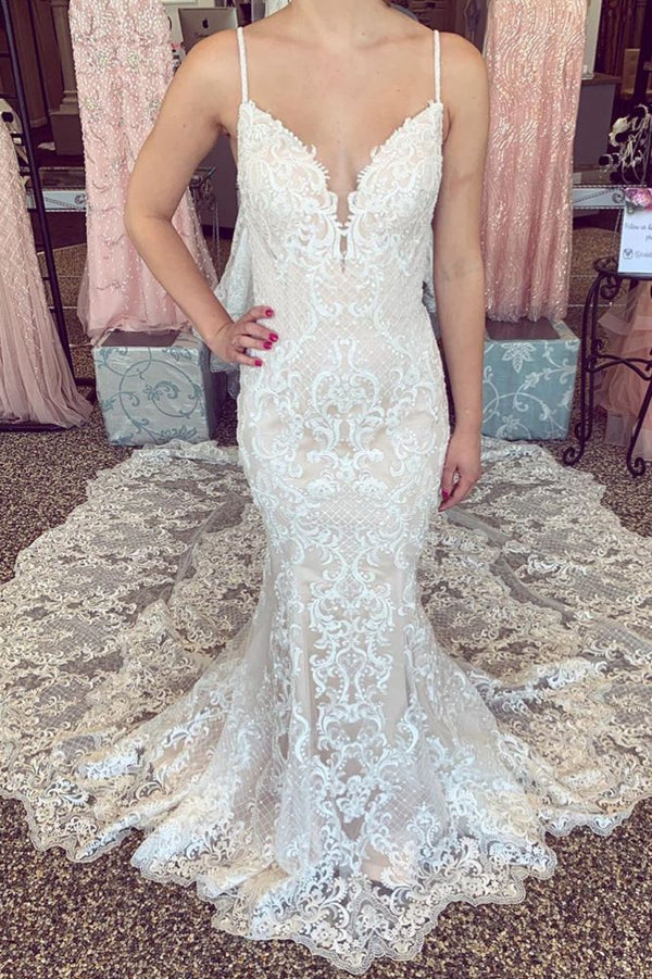 Luxurious Lace Beading Chapel Train Champagne Wedding Dress Spaghetti Straps-showprettydress