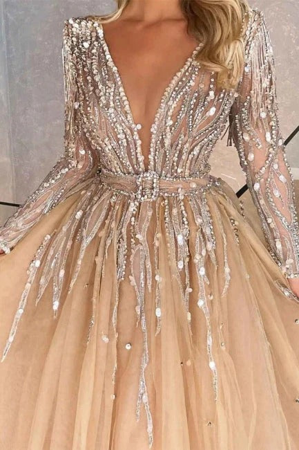 Luxurious Long A-line V-neck Tulle Prom Dresses With Beads Sleeves-showprettydress