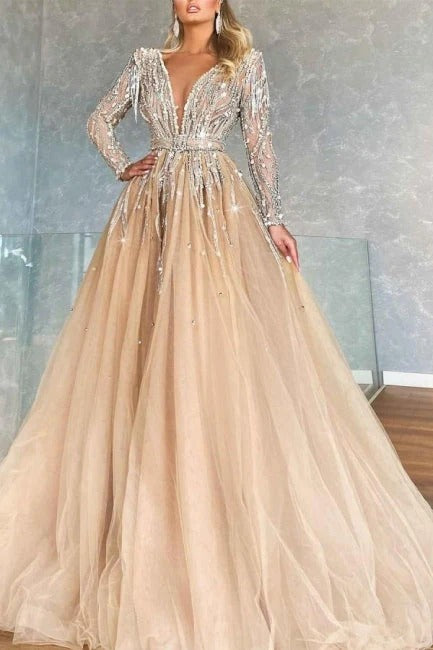 Luxurious Long A-line V-neck Tulle Prom Dresses With Beads Sleeves-showprettydress