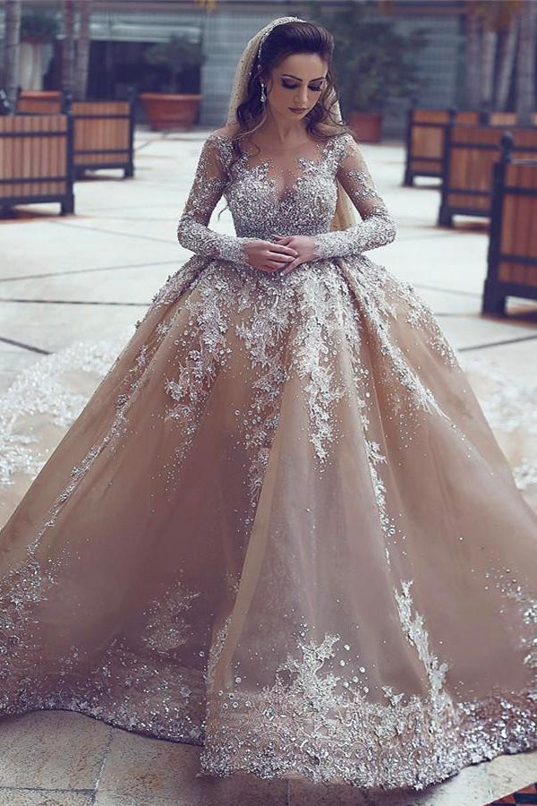 Luxurious Long Sleeve Beadings Ball Gown Appliques Wedding Dress-showprettydress