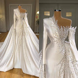 Luxurious Long Sleeve Pearls Overskirt Wedding Dress Online-showprettydress