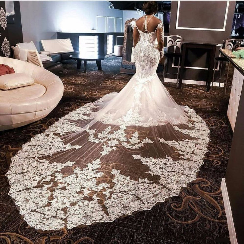 Luxurious Long Sleevess Beading Appliques Rhinestones Mermaid Wedding Dress with Sweep Train-showprettydress