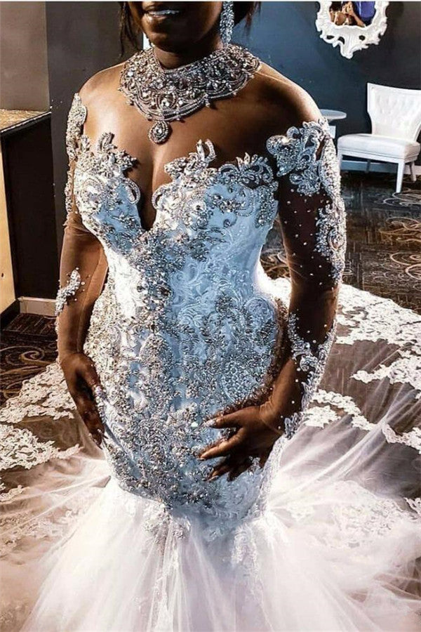 Luxurious Long Sleevess Beading Appliques Rhinestones Mermaid Wedding Dress with Sweep Train-showprettydress