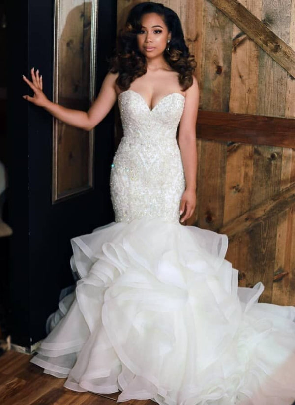 Luxurious Mermaid Beading Wedding Dresses Sweetheart Neck Ruffless Skirt Bridal Gowns-showprettydress
