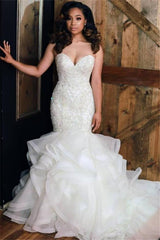 Luxurious Mermaid Beading Wedding Dresses Sweetheart Neck Ruffless Skirt Bridal Gowns-showprettydress