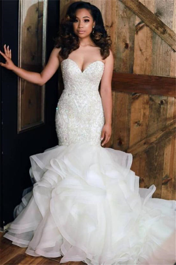 Luxurious Mermaid Beading Wedding Dresses Sweetheart Neck Ruffless Skirt Bridal Gowns-showprettydress