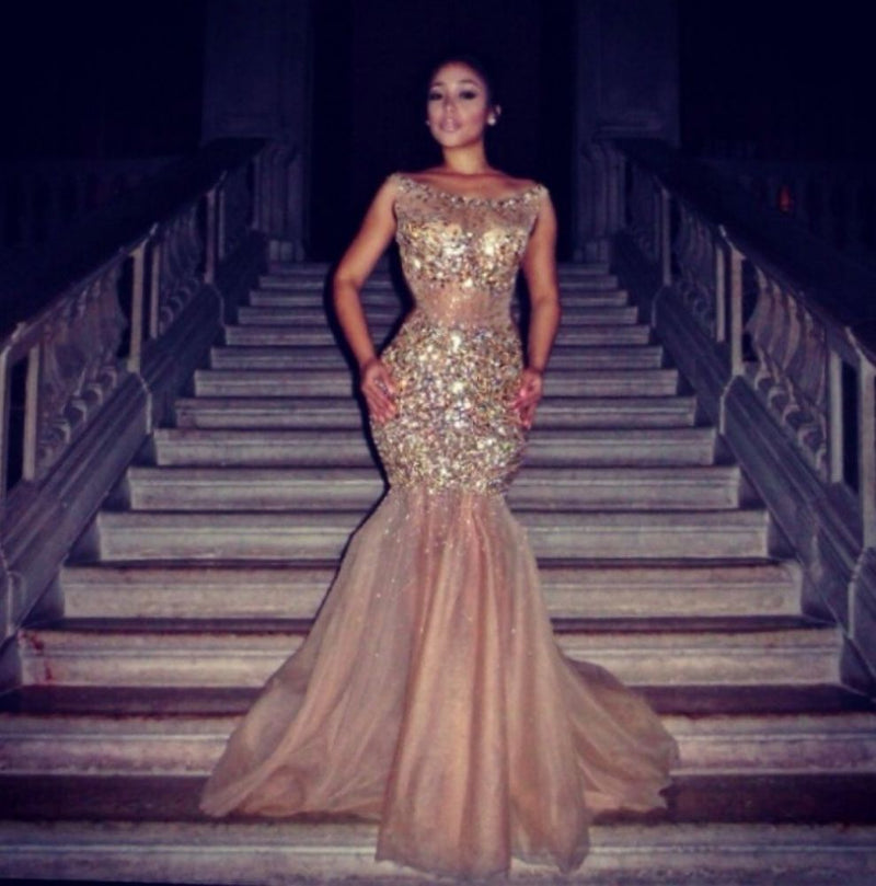 Luxurious Mermaid Halter Tulle Crystal Sleeveless Prom Party Gowns-showprettydress