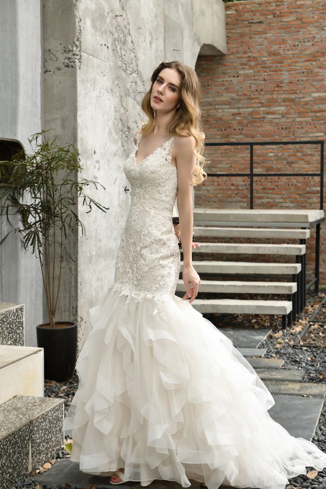 Luxurious Mermaid Ivory V neck Spring Lace Wedding Dress with Ruffless Train-showprettydress