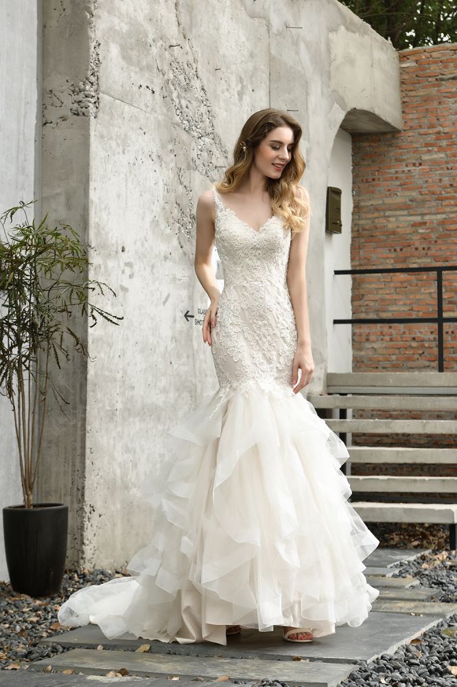 Luxurious Mermaid Ivory V neck Spring Lace Wedding Dress with Ruffless Train-showprettydress