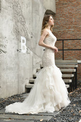 Luxurious Mermaid Ivory V neck Spring Lace Wedding Dress with Ruffless Train-showprettydress