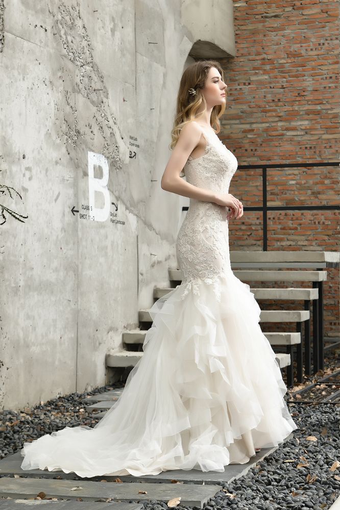 Luxurious Mermaid Ivory V neck Spring Lace Wedding Dress with Ruffless Train-showprettydress