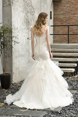 Luxurious Mermaid Ivory V neck Spring Lace Wedding Dress with Ruffless Train-showprettydress
