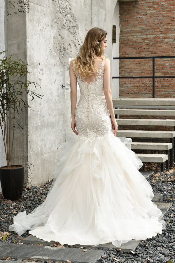 Luxurious Mermaid Ivory V neck Spring Lace Wedding Dress with Ruffless Train-showprettydress
