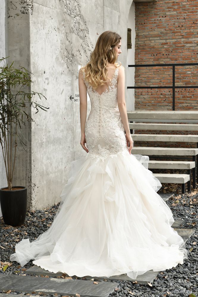 Luxurious Mermaid Ivory V neck Spring Lace Wedding Dress with Ruffless Train-showprettydress