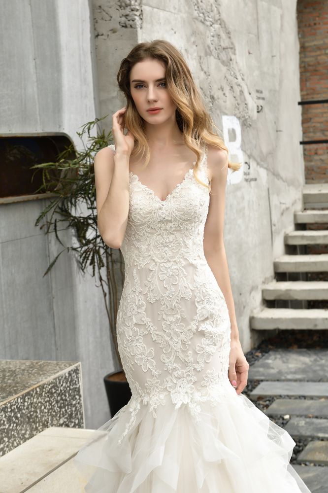 Luxurious Mermaid Ivory V neck Spring Lace Wedding Dress with Ruffless Train-showprettydress