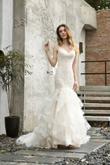 Luxurious Mermaid Ivory V neck Spring Lace Wedding Dress with Ruffless Train-showprettydress