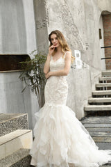 Luxurious Mermaid Ivory V neck Spring Lace Wedding Dress with Ruffless Train-showprettydress