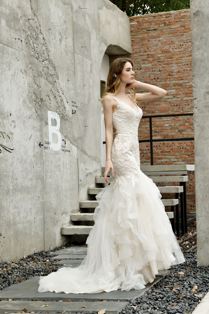 Luxurious Mermaid Ivory V neck Spring Lace Wedding Dress with Ruffless Train-showprettydress