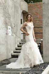 Luxurious Mermaid Ivory V neck Spring Lace Wedding Dress with Ruffless Train-showprettydress