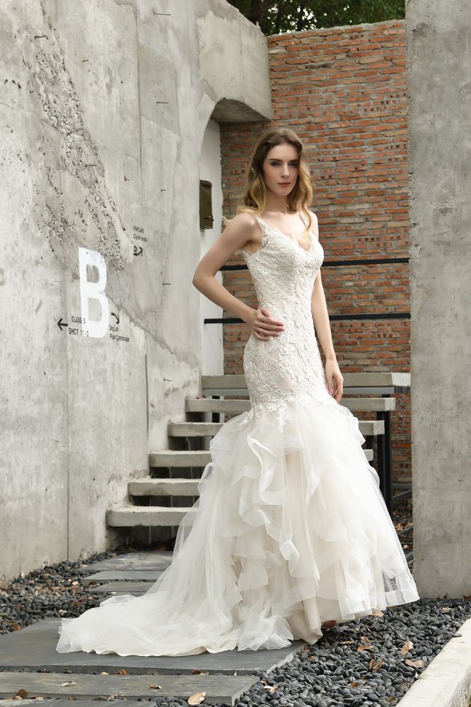 Luxurious Mermaid Ivory V neck Spring Lace Wedding Dress with Ruffless Train-showprettydress