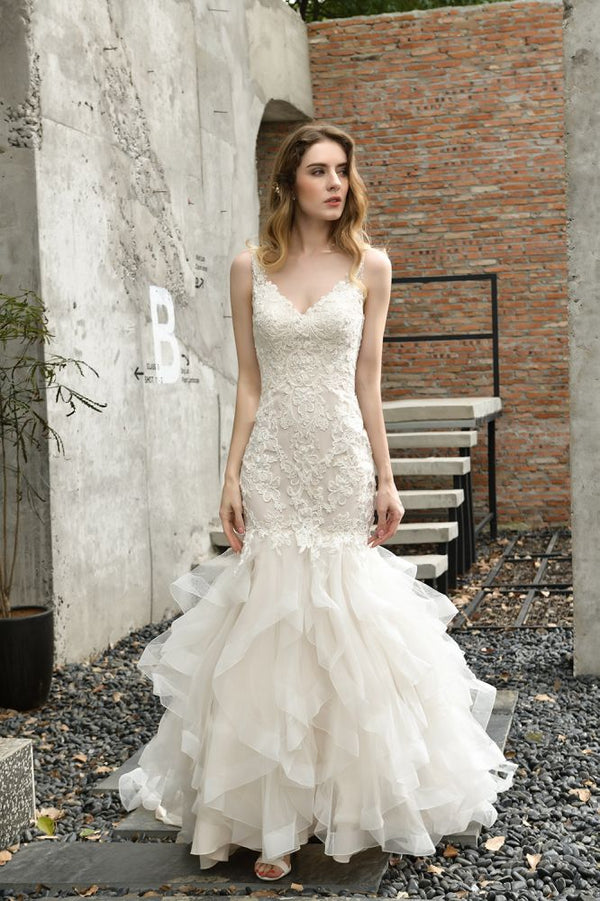 Luxurious Mermaid Ivory V neck Spring Lace Wedding Dress with Ruffless Train-showprettydress