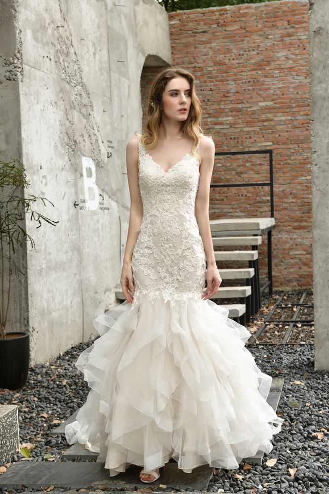 Luxurious Mermaid Ivory V neck Spring Lace Wedding Dress with Ruffless Train-showprettydress