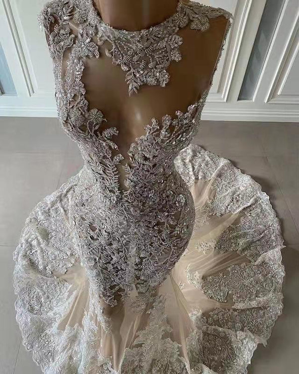 Luxurious Mermaid Lace Appliques Wedding Dress Sheer Skirt-showprettydress