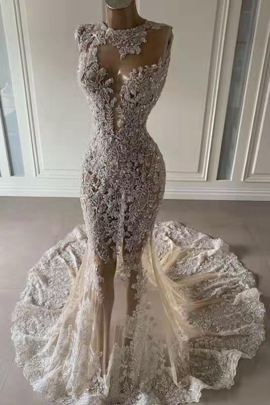 Luxurious Mermaid Lace Appliques Wedding Dress Sheer Skirt-showprettydress