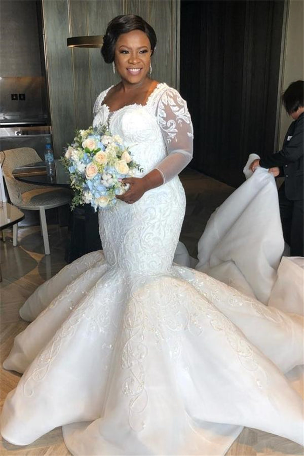 Luxurious Mermaid Lace Wedding Dresses Chapel Train Long Sleevess Appliques Bridal Gowms-showprettydress
