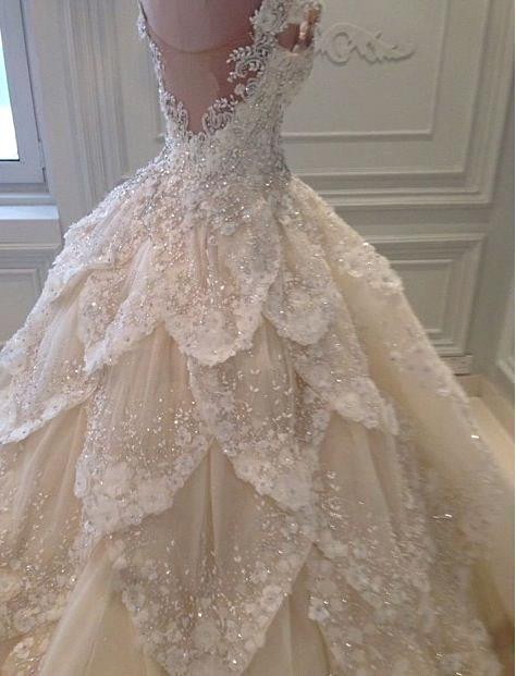 Luxurious Off the Shoulder Beading Wedding Dress Crystal Tiered Chapel Train Bridal Gowns-showprettydress