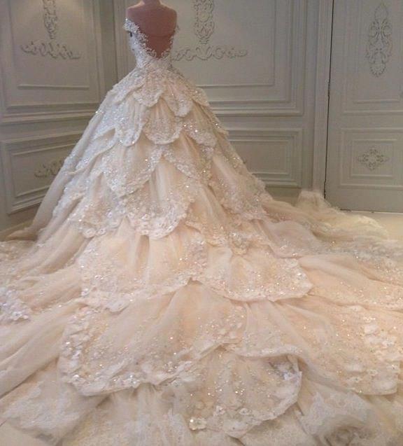 Luxurious Off the Shoulder Beading Wedding Dress Crystal Tiered Chapel Train Bridal Gowns-showprettydress