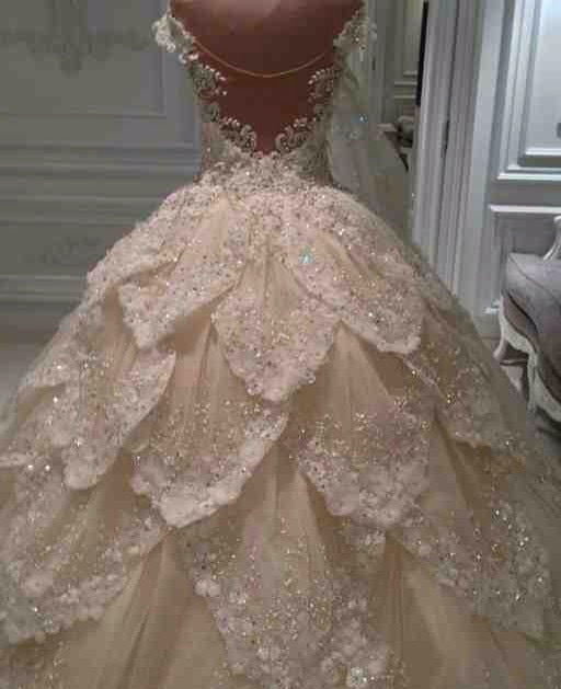 Luxurious Off the Shoulder Beading Wedding Dress Crystal Tiered Chapel Train Bridal Gowns-showprettydress