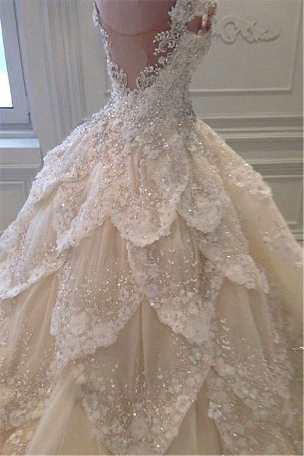 Luxurious Off the Shoulder Beading Wedding Dress Crystal Tiered Chapel Train Bridal Gowns-showprettydress