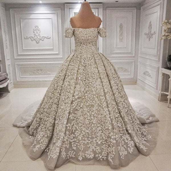 Luxurious Off the shoulder Lace appliques Appliques Wedding Dress-showprettydress