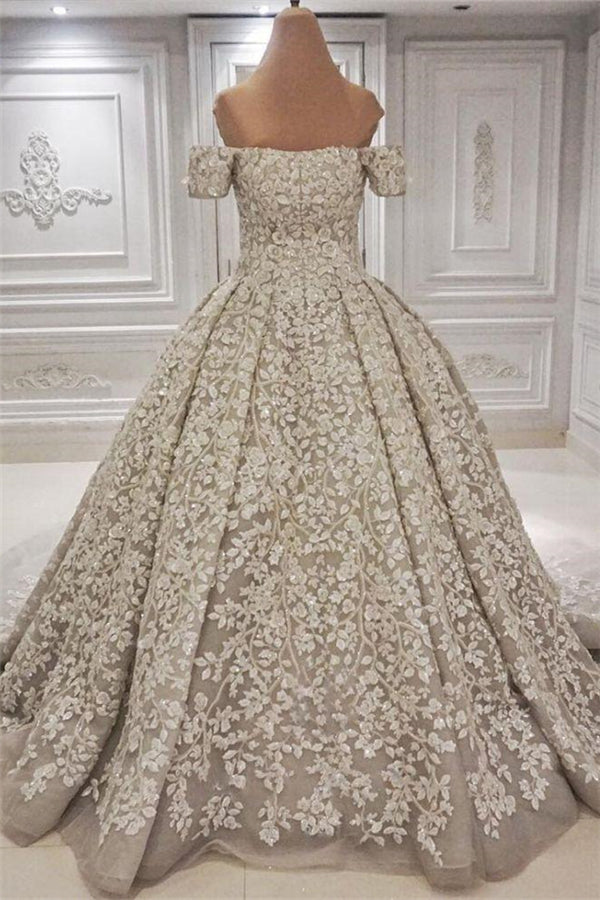 Luxurious Off the shoulder Lace appliques Appliques Wedding Dress-showprettydress