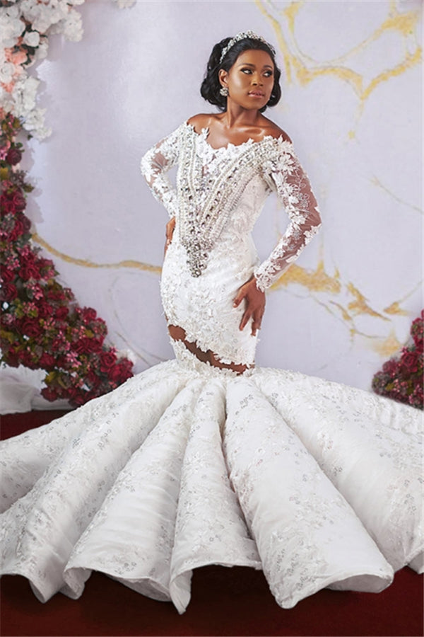Luxurious Off the shoulder Long Sleevess Mermaid Ruffless Appliqued Beading Wedding Dresses-showprettydress