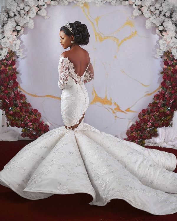 Luxurious Off the shoulder Long Sleevess Mermaid Ruffless Appliqued Beading Wedding Dresses-showprettydress