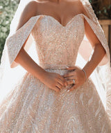 Luxurious Off the Shoulder Sequins Ball Gowns for Women A line Satin Bridal Gowns-showprettydress