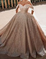 Luxurious Off the Shoulder Sequins Ball Gowns for Women A line Satin Bridal Gowns-showprettydress