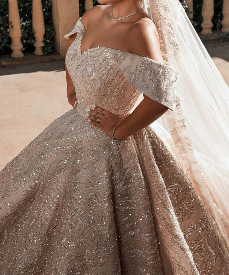 Luxurious Off the Shoulder Sequins Ball Gowns for Women A line Satin Bridal Gowns-showprettydress