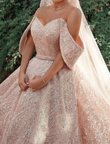 Luxurious Off the Shoulder Sequins Ball Gowns for Women A line Satin Bridal Gowns-showprettydress