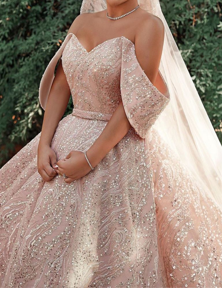 Luxurious Off the Shoulder Sequins Ball Gowns for Women A line Satin Bridal Gowns-showprettydress
